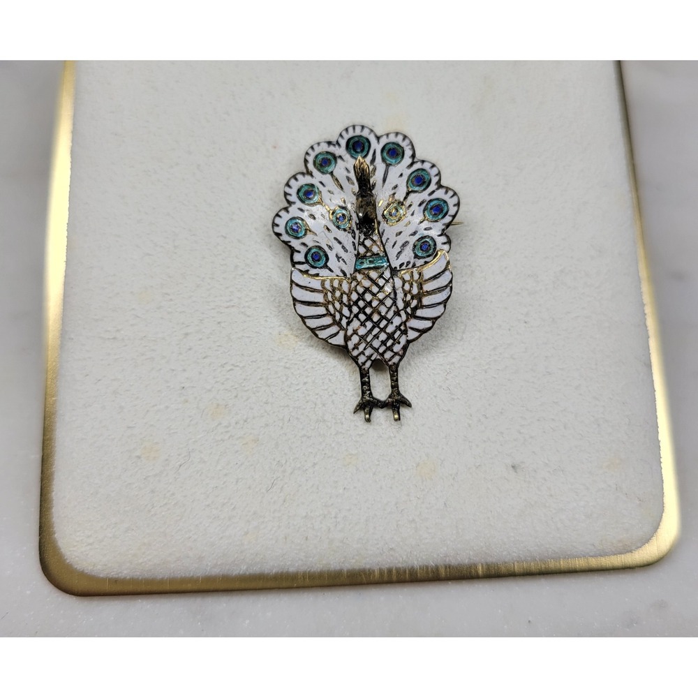 Vintage Siam Hinged Peacock Brooch Sterling Silver White Enamel Handmade Pin